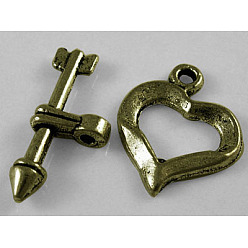 Античная Бронза Тибетском стиле сердце Переключить застежками, без свинца и без кадмия, античная бронза, 16x13 мм, отверстие : 1 мм