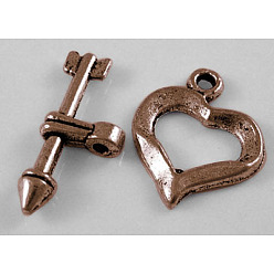 Красная Медь Тибетском стиле сердце Переключить застежками, без свинца и без кадмия, Красная медь, 16x13 мм, отверстие : 1 мм