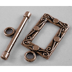 Red Copper Tibetan Style Alloy Toggle Clasps, Rectangle, Red Copper, Rectangle: 20x11.5mm, Bar: 22x5mm, Hole: 2.5mm