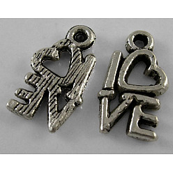 Antique Silver Valentine Gifts Ideas Tibetan Style Alloy Pendants, Lead Free, Cadmium Free and Nickel Free, Heart with Love, Antique Silver, 14.5x8mm, Hole: 1mm