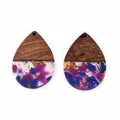 Темно-Синий Подвески из прозрачной смолы и ореха, золотой фольгой, очарование слезы, темно-синий, 36x24.5x3 мм, отверстие : 2 мм