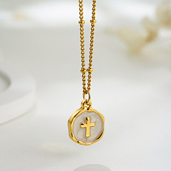 Cross 304 Женские плоские круглые подвески с эмалированным покрытием из нержавеющей стали, реальный 18 k позолоченный, крестик, 15.75 дюйм (40 см)