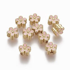 Pink Brass Enamel Beads, Long-Lasting Plated, Flower, Real 18K Gold Plated, Pink, 7x3.3mm, Hole: 1.6mm