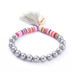 Gris Bracelets élastiques à pampilles, perles de heishi en pâte polymère faites main, perles nacrées et perles nacrées naturelles, grises , 2-1/4 pouce (5.7 cm)