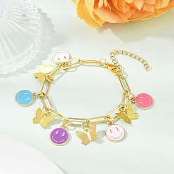 Настоящее золото 18K Браслеты с подвесками из латуни и сплава с эмалью, браслеты-цепочки из латуни для скрепок для женщин, бабочка и улыбающееся лицо, реальный 18 k позолоченный, 6-3/8 дюйм (16.2 см)