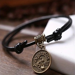 Водолей Сплав плоский круглый с подвесками в виде созвездий двухслойный черный шнурок из искусственной кожи регулируемые браслеты на щиколотку, античная бронза, Водолей, внутренний диаметр: 2-3/4~4-3/4 дюйм (70~120 мм)