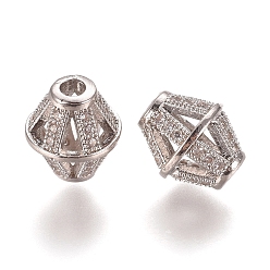 Platinum Hollow Brass Micro Pave Clear Cubic Zirconia Beads, Bicone, Platinum, 11x10mm, Hole: 2.5mm