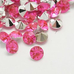 Ярко-Розовый Имитация taiwan акриловый горный хрусталь указал назад кабошоны, граненые, алмаз, ярко-розовый, 3x2 мм