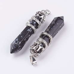 Snowflake Obsidian Natural Snowflake Obsidian Big Pointed Pendants, with Alloy Findings, Faceted, Bullet, Platinum, 59~63x11~12mm, Hole: 4x7mm