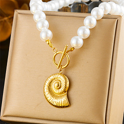 Shell Shape Имитация жемчуга белый круглый бисер 304 нержавеющая сталь подвеска или ожерелье, золотые, формы раковины, 16.54 дюйм (42 см)