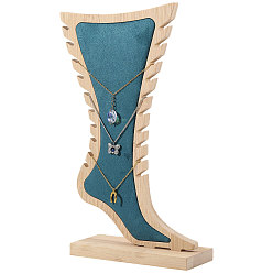 Темный Голубой Деревянная стойка для хранения браслетов на ногу в форме ступни, органайзер для украшений с ковриком из мешковины для браслетов на ногу, темные голубые, 14.5x4.7x28 см