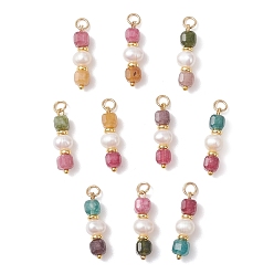 Золотой Подвески в форме картофеля из натурального разноцветного турмалина в огранке куб и культивированного пресноводного жемчуга, подвески из бисера с фурнитурой из нержавеющей стали, кремово-белые, золотые, 304 мм, Перейти кольцо: 23~24x6~7x5.5~6 мм, внутренний диаметр: 5x0.8 мм