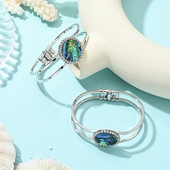 Platinum Natural Abalone Shell Flat Round Open Bangles, Brass Crystal Rhinestone Hinged Cuff Bangles for Women, Platinum, Inner Diameter: 1.77x2.40 inch(4.5x6.1cm)