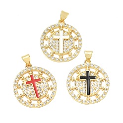 Mixed Color Religion Cross Brass Micro Pave Clear Cubic Zirconia Pendants, Flat Round Charms with Enamel, Lead Free & Cadmium Free, Long-Lasting Plated, Rack Plating, Real 18K Gold Plated, Mixed Color, 24x22x2mm, Hole: 5x3.5mm