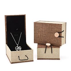 Camel Rectangle Wooden Pendant Necklace Boxes , with Burlap and Velvet, Camel, 10.5x7.4x5.1cm