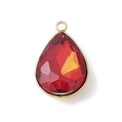 Красный 304 подвески из нержавеющей стали, слеза, со стеклом, граненые, реальный 18 k позолоченный, красные, 17.5x11x5.5 мм, отверстие : 1.6 мм