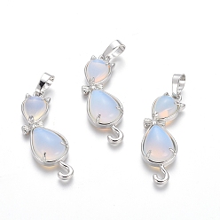 Опал Кулоны для котят из опалита, с латунной фурнитурой платинового цвета, кошка в форме банта, 35.5x12x6 мм, отверстие : 5x7 мм