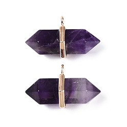 Аметист Подвески с двойным наконечником из натурального аметиста, граненые подвески в форме пули с фурнитурой из сплава, золотые, 20~21x34.5~36x17~18 мм, отверстие : 3 мм