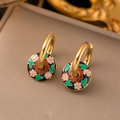 Золотой 304 обруч серьги из нержавеющей стали эмаль, плоские круглые с цветочным узором, золотые, 22.5x15 мм