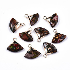 Medium Sea Green Fan Assembled Synthetic Bronzite and Regalite/Imperial Jasper Pendants, with Iron Loop and Light Gold Plated Brass Top, Dyed, Medium Sea Green, 18~19x18~19x5~6mm, Hole: 2mm