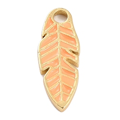 Bisque Golden Plated Brass Enamel Pendants, Long-Lasting Plated, Feather, Bisque, 23.5x8.8x1.8mm, Hole: 2.7mm