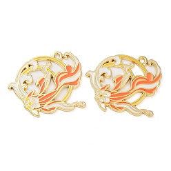 Оранжевый Стойки обшивки сплава эмали подвески, золотые, рыбка с цветочным шармом, оранжевые, 30x31x1 мм, отверстие : 2 мм