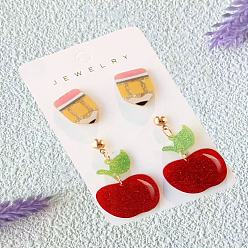 (52) Непрозрачная лаванда 2 Парные акриловые серьги-гвоздики, яблоко и карандаш, золотые, разноцветные, 18x18 мм и 40x24 мм