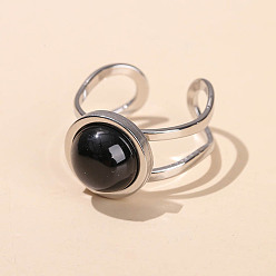 (946F)Морозный цвет внутри  Жонкиль / Непрозрачная зеленая подкладка 304 Кольца-манжеты из нержавеющей стали и черного агата, плоско-круглые, серебряные, внутренний диаметр: 18 мм