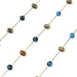 Золотой Ручная работа 304 Цепочки из нержавеющей стали и синтетической бирюзы с бусинами, Прямоугольник и круглый, с синтетическим гематитовым шариком, пайки, с катушкой, золотые, 2x0.6x0.2 мм