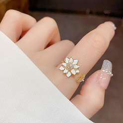 Белый Модные латунные кольца-манжеты с микропаве из кубических цирконий и эмалью, цветок, особый интерес, для женщин, белые, внутренний диаметр: 16~19 мм