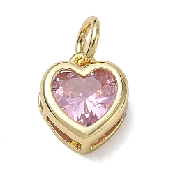 Pink Brass Pave Cubic Zirconia Charms, Heart Charms, Single Stone Charms, Long-Lasting Plated, Rack Plating, Lead Free & Cadmium Free, Real 18K Gold Plated, Pink, 12x10x5mm, Hole: 5mm