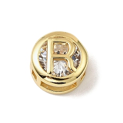 Letter R Латунные микро проложить кубического циркония многожильных ссылки, плоские круглые с буквы, реальный 18 k позолоченный, Буква R, 10x6.5 мм, отверстие : 5x3 мм