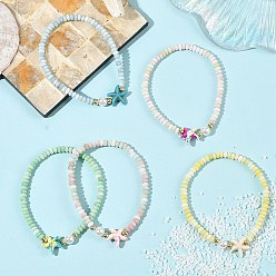 Mixed Color Ocean Starfish Dyed Synthetic Turquoise Ombre Effect Dyed Glass Beaded Stretch Bracelets with Shell Pearl, Golden, Mixed Color, Inner Diameter: 2.20 inch(5.6cm)