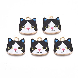 Mixed Color Printed Alloy Pendants, Cadmium Free & Nickel Free & Lead Free, Light Gold, Cat Head, Mixed Color, 17x17.5x1.5mm, Hole: 2mm