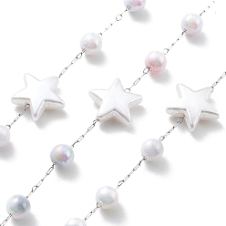 Нержавеющая Сталь Цвет Цепочки из нержавеющей стали ручной работы 304, с ABS имитации жемчуга, пайки, звезда, с катушкой, цвет нержавеющей стали, 13.5x14x4.5 мм, около 16.40 футов (5 м) / рулон