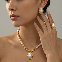 White Oval Alloy & Resin & CCB Plastic Stud Earrings & Pendant Necklaces & Rings Sets for Women, Golden, White, 15.75 inch(40cm)
