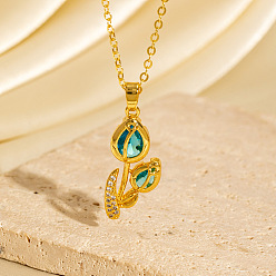 Green Brass Pave Cubic Zirconia Tulip Flower Pendant Necklaces for Women, Real 18K Gold Plated, Green, 15.75 inch(40cm), Pendant: 20mm