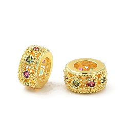 Золотой Латунные микро проложить Цирконий Европейский бисером, плоско-круглые, бусины с большим отверстием, стойки покрытие, без кадмия и без свинца, долговечный, золотые, 6x3 мм, отверстие : 3 мм