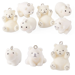 Blanco 6 piezas 3 estilos colgantes de resina opaca flocados, con aros de hierro en tono platino, oso, blanco, 21~30~19~22.5x14.5~21 mm, agujero: 1.8~2 mm, 2 piezas / estilo