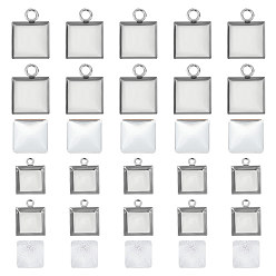 Нержавеющая Сталь Цвет Набор для изготовления заготовок подвески своими руками, квадратный кулон из нержавеющей стали с кабошоном, Кабошоны из стекла, цвет нержавеющей стали, 120 шт / коробка