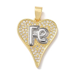 Настоящее золото 18K Двухцветные латунные подвески с микропаве из прозрачных кубических цирконий, сердце со словом fe подвески, стойки покрытие, долговечный, без кадмия и без свинца, реальный 18 k позолоченный, 26x20x3 мм, отверстие : 4.5x7 мм