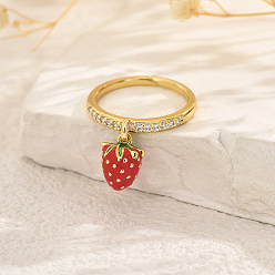 Клубника Женские кольца-пальцы с фруктами и подвеской из латуни с микропаве из кубических цирконий, золотые, клубника, 10x8 мм, внутренний диаметр: 16мм~19мм