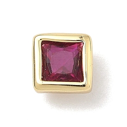 Ярко-Розовый Квадратные латунные микропаве кабошоны из кубического циркония, стойки покрытие, долговечный, без свинца и без кадмия, реальный 18 k позолоченный, ярко-розовый, 5x5x3.5 мм