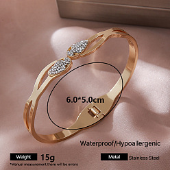 Leaf 304 Stainless Steel Crystal Rhinestone Hinged Cuff Bangles for Women, Golden, Leaf, Inner Diameter: 2.36 inch(6cm)