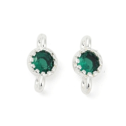 Темно-Зеленый Латунные плоские круглые подвески-соединители из кубического циркония, стойки покрытие, долговечный, серебряный цвет гальваническим, темно-зеленый, 9x4.5~5x3 мм, отверстие : 1 мм