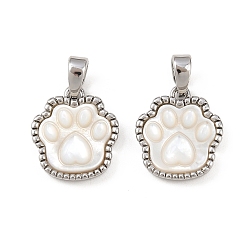 Платина Натуральные белые подвески с отпечатками лап из ракушек, с латунной, цветочный белый, платина, 14x12x3.5 мм, отверстие : 4.5x3 мм