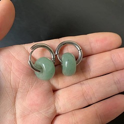Зеленый Авантюрин 304 Серьги-кольца из нержавеющей стали и бусин из натурального зеленого авантюрина в форме ронделей, цвет нержавеющей стали, 20x8 мм