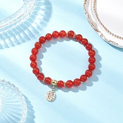 Красный Агат 8.5Мм браслеты из натуральных круглых бусин сердолика для женщин, Браслеты с подвесками в форме овала с крестом из латуни с микропаве из кубических цирконий, золотые, внутренний диаметр: 2-1/4 дюйм (5.8 см)