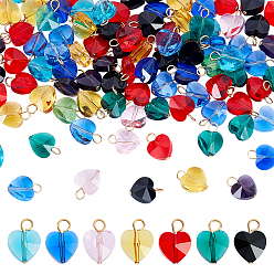 (52) Непрозрачная лаванда 100 прозрачные стеклянные брелоки, сердце, с настоящими 18k позолоченными 304 петлями из нержавеющей стали, граненые, разноцветные, 14x10x7 мм, отверстие : 3.5x2.5 мм