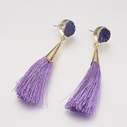Violet Tassel Dangle Stud Earrings, with Brass Findings and Dyed Natural Druzy Crystal, Violet, 72~76mm, Pin: 0.8mm, Pendant: 60~63x7mm